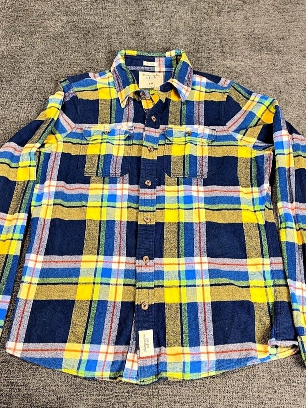Abercrombie & Fitch Muscle Y2K Flannel Shirt Blue Yellow Plaid Cotton Size 2XL